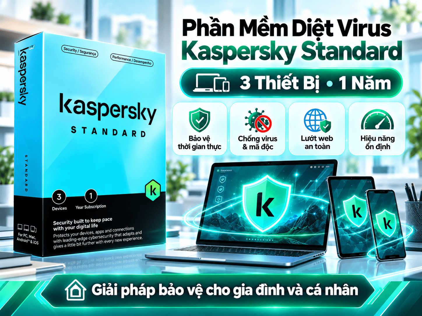 Bản quyền phần mềm Phần Mềm Diệt Virus Kaspersky Standard (3 Thiết Bị - 1 Năm) chính hãng