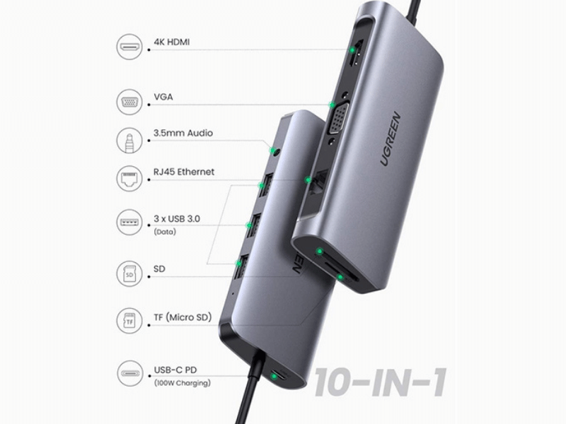 hub-ugreen-type-c-chuyen-doi-da-nang-10-in-1-80133-hdmi-vga-lan-1gbps-3-x-usb-30-sdtf-audio