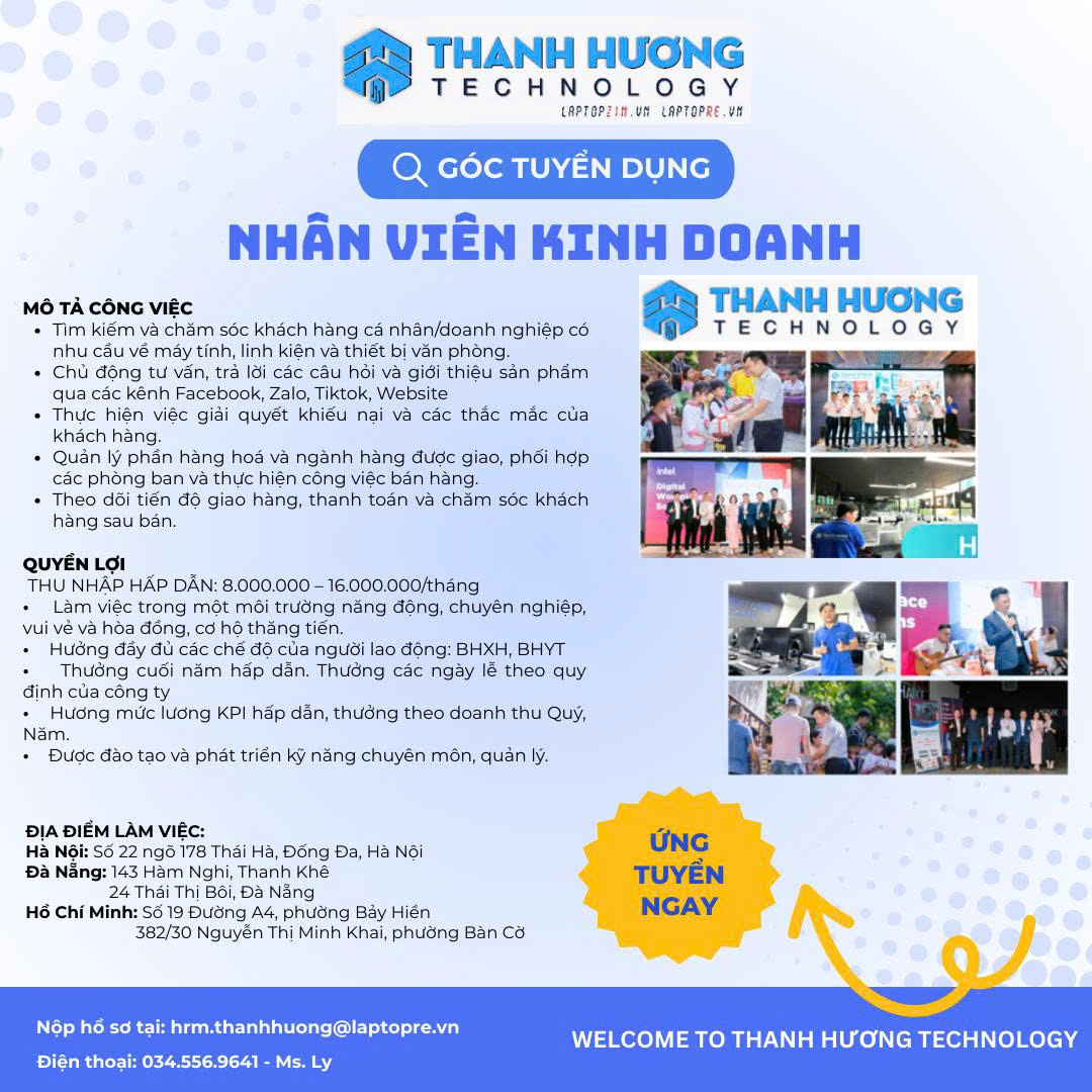 Thanh Hương Technology tuyển dụng Nhân viên Kinh doanh với thu nhập hấp dẫn